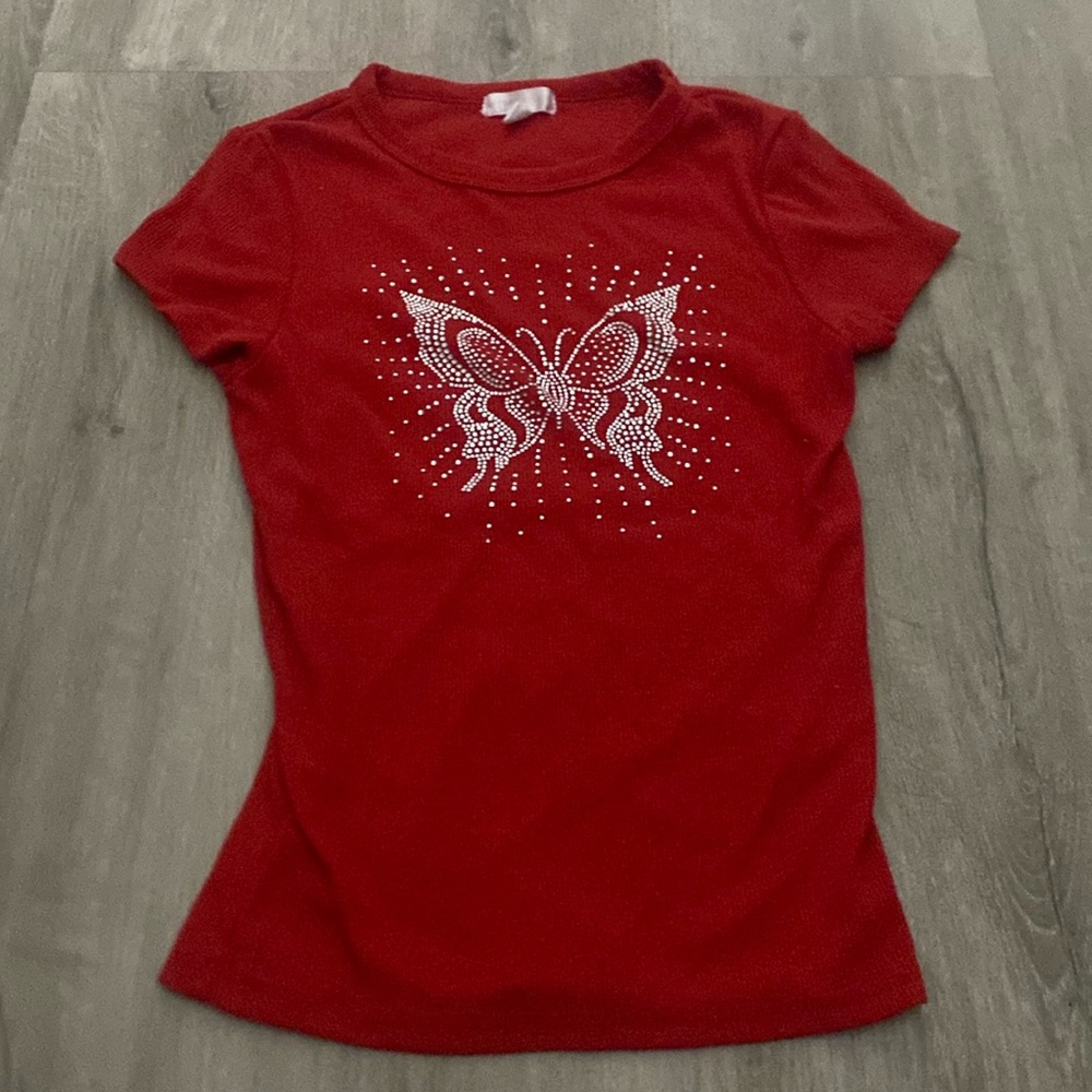 Red shirt with bling butterfly